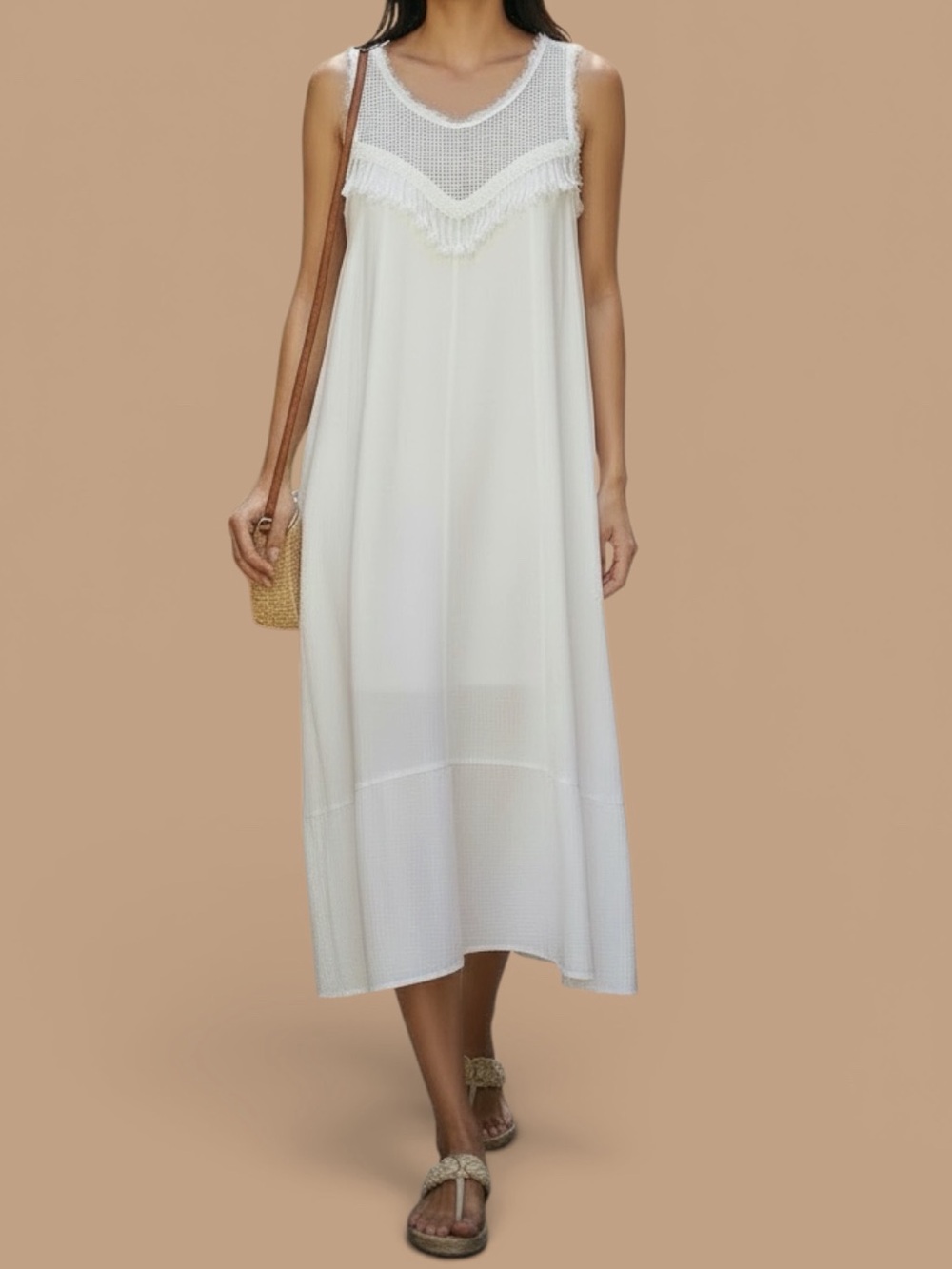 NEW Democracy Tassel and Lace Detail Lined Midi Dress in White Womenβs Size S - Picture 1 of 15